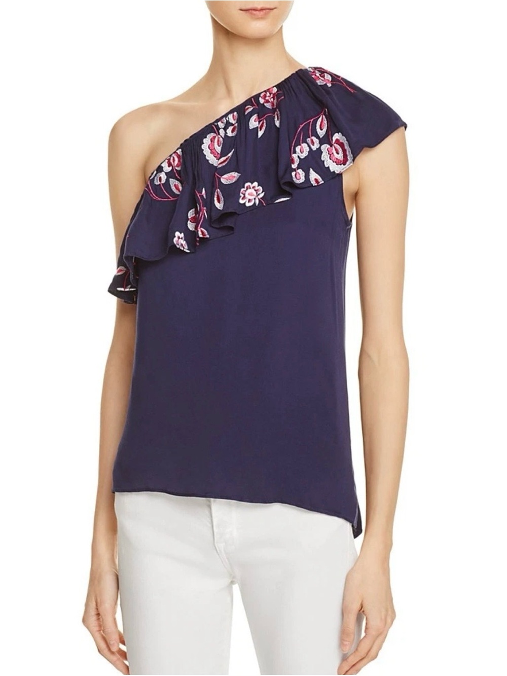 Aqua Navy One-Shoulder Ruffle Top with Pink & White Floral Embroidery